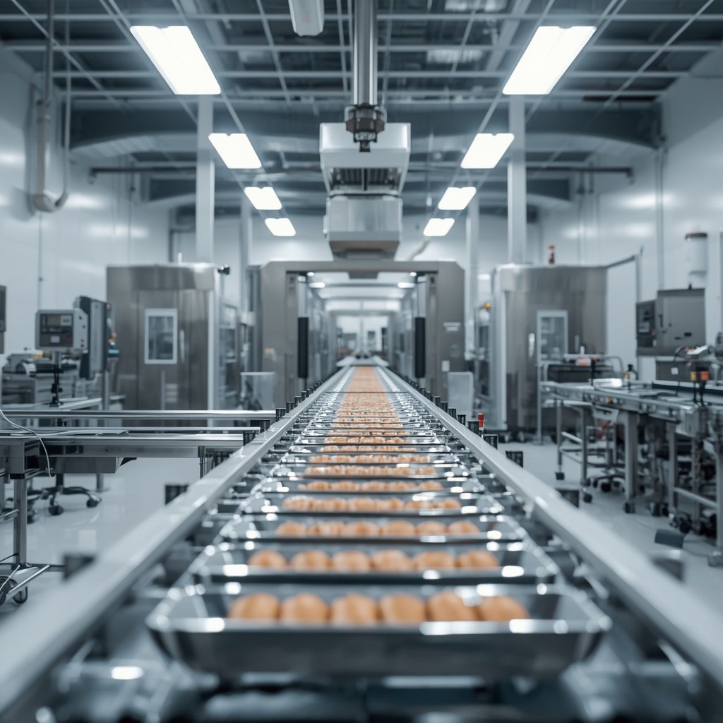 Modern clean food processing facility interior, stainless steel equipment, bright lighting, pristine environment, high tech food industry, 8k, automated packaging line